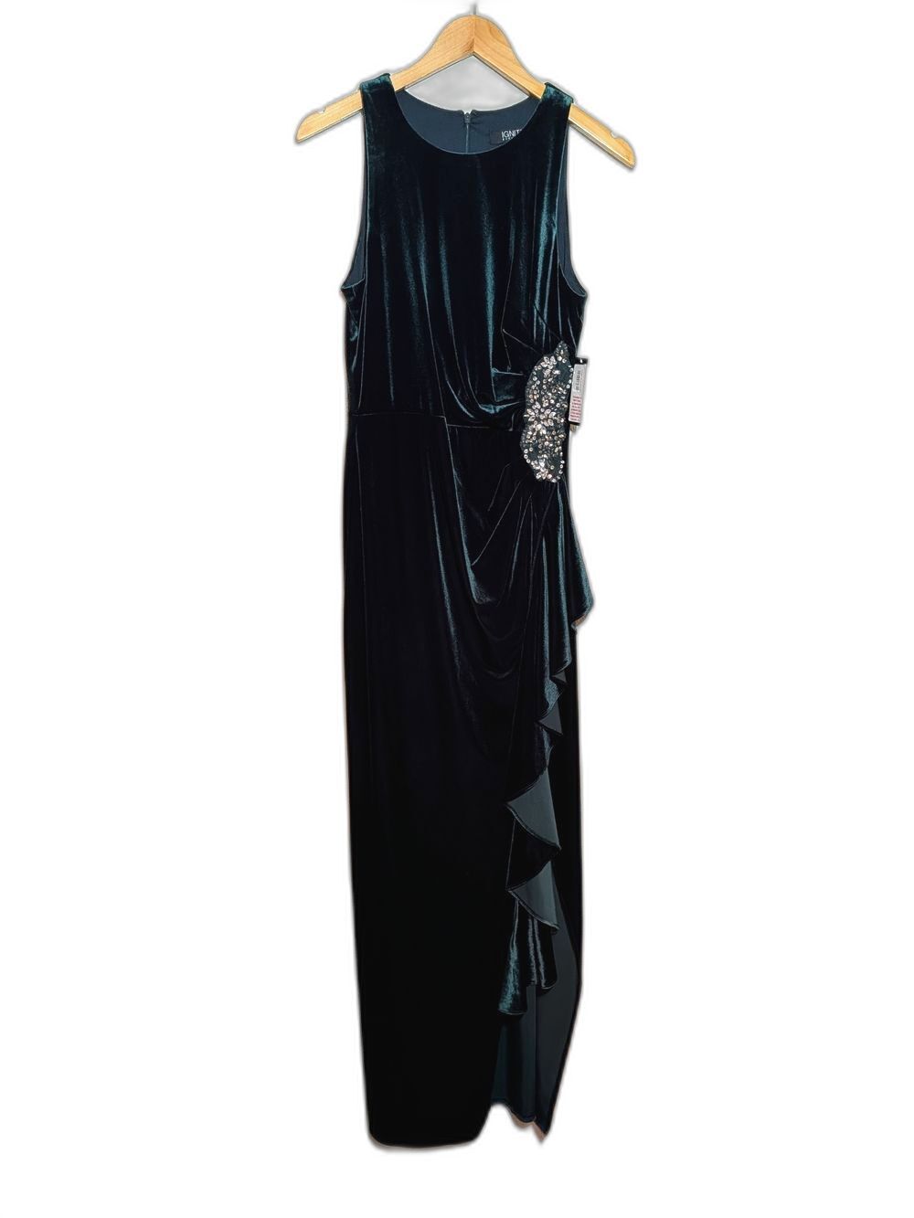 NWT Ignite Evenings Forest Green Velvet Rhinestone Cascade Maxi Dress Gown 8